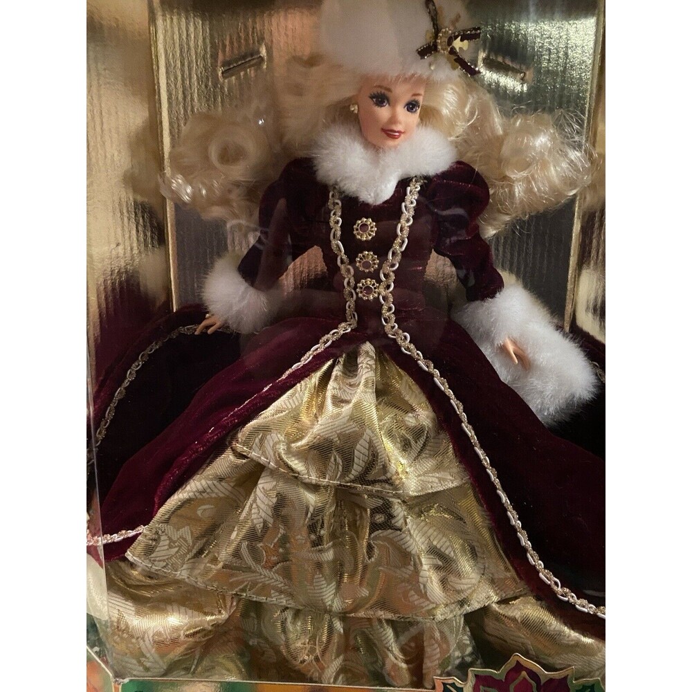 1996 Mattel Special Edition Barbie Happy Holidays NIB Burgundy Gold Gown Barbie